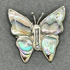 Vintage Butterfly Brooch Pin Abalone Shell Estate Alpaca Mexico 1 1/4 inch